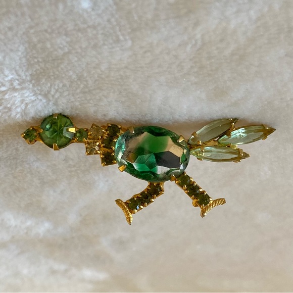 Rare VINTAGE green rhinestone, crystal, & gemstone ROADRUNNER BROOCH - Picture 4 of 8